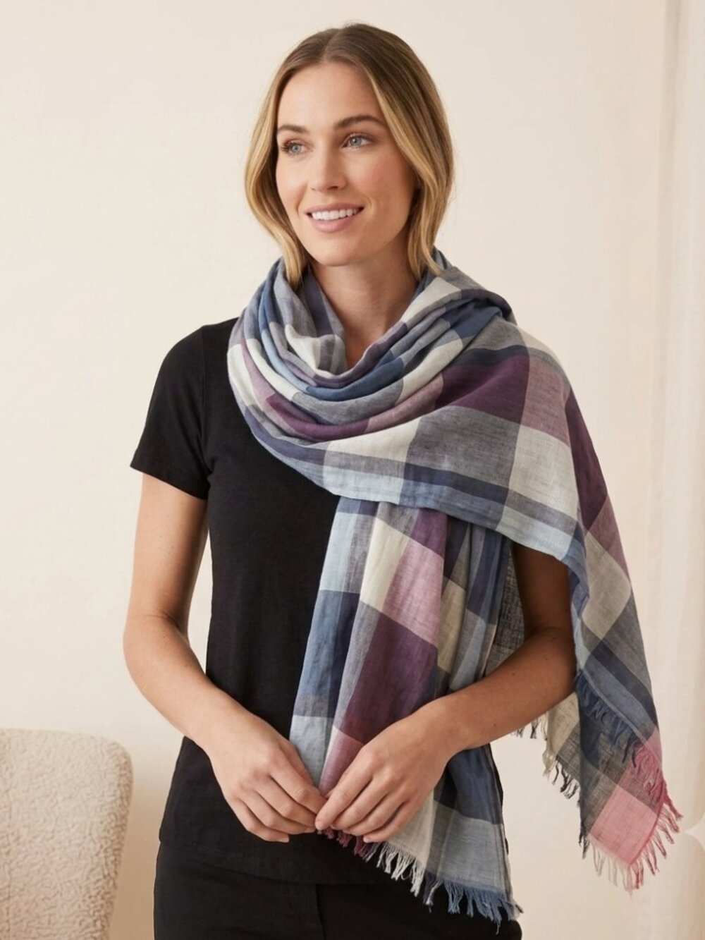 Women's Plaid Cotton Scarf Shawl 76"x32" Gray Pink White Fringed Lightweight